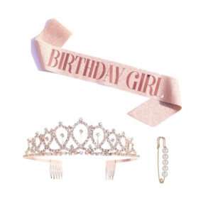 Midlinkerz Birthday Girl Sash And Crown - Pack of 2 Pcs Rose Gold Birthday Sash for Girls | Birthday Crowns for Girls | Crown for Women Queen | Crown for Birthday Girl | Princess Crown for Girls