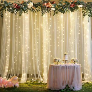 Midlinkerz Backdrop Decorative Items for Living Room, Home Decor for Living Room, White Backdrop & LED Fairy Lights (40ft Long), White Net Curtain for Birthday Decoration, Wedding Party- 6Pcs