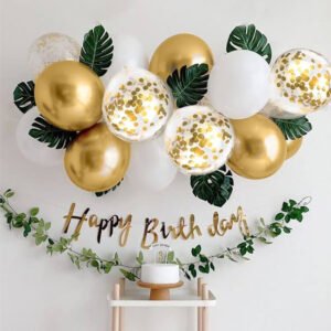 Party Propz Golden Birthday Decoration Items - 36 Pcs Happy Birthday Decoration Kit With Golden Balloons & Artificial Leaves | Golden Confetti Balloons for Birthday | Happy Birthday Banner (Cardstock)
