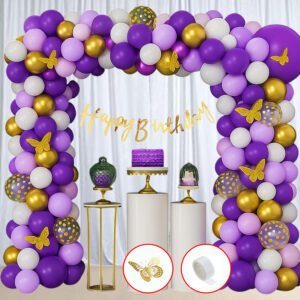Midlinkerz Butterfly Theme Birthday Decoration Kit for girls- 74 Pcs with White & Purple Balloons for Birthday Decoration, Birthday Backdrop for Decoration with White net curtain for decoration