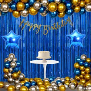 Midlinkerz Happy Birthday Decorations for Boys- Golden Foil Banner, Blue Foil Curtain, Star Foil Balloons, Metallic Balloons -Decoration Items for Birthday Decoration kit Combo-34Pcs