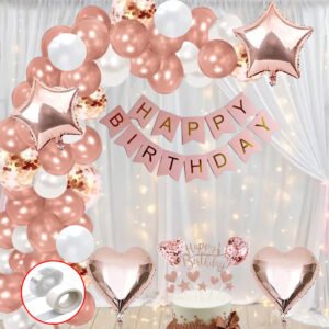 Midlinkerz Birthday Decoration Items For Girl-53Pcs|Rose Gold Happy Birthday Decoration Items Kit|Rose Gold Foil|Metallic Balloons For Decoration With Cake Toppers|Decoration Items With Lights