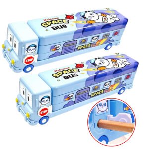 Midlinkerz School Bus Pencil Box Boys - Pack Of 2 Compass Box With Wheel, Stylish School Bus Pencil Box For Boys, Pencil Box Bus Toys For Kids 3+ Years Can Also Be Used As Kids Geometry Box, Blue