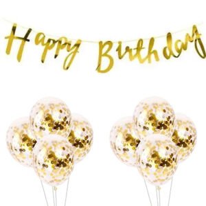Mildlinkerz Happy Birthday Banner With Golden Confetti Balloons For Decoration - 9 Items Combo Set For Husband Wife Birthday Decorations Items / Golden Balloons For Birthday Theme Parties