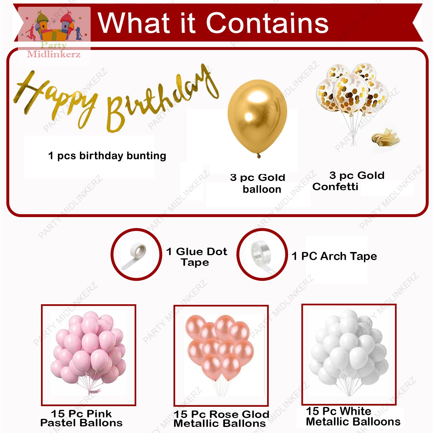 Midlinkerz 54 Pcs Birthday Decoration Kit Rose Gold Pink White Balloon Birthday Banner, Gold Chrome Gold Confetti Arc, Glue Dot For Girls Kids Baby Birthday Decoration Items | Birthday Decoration Combo - Image 2