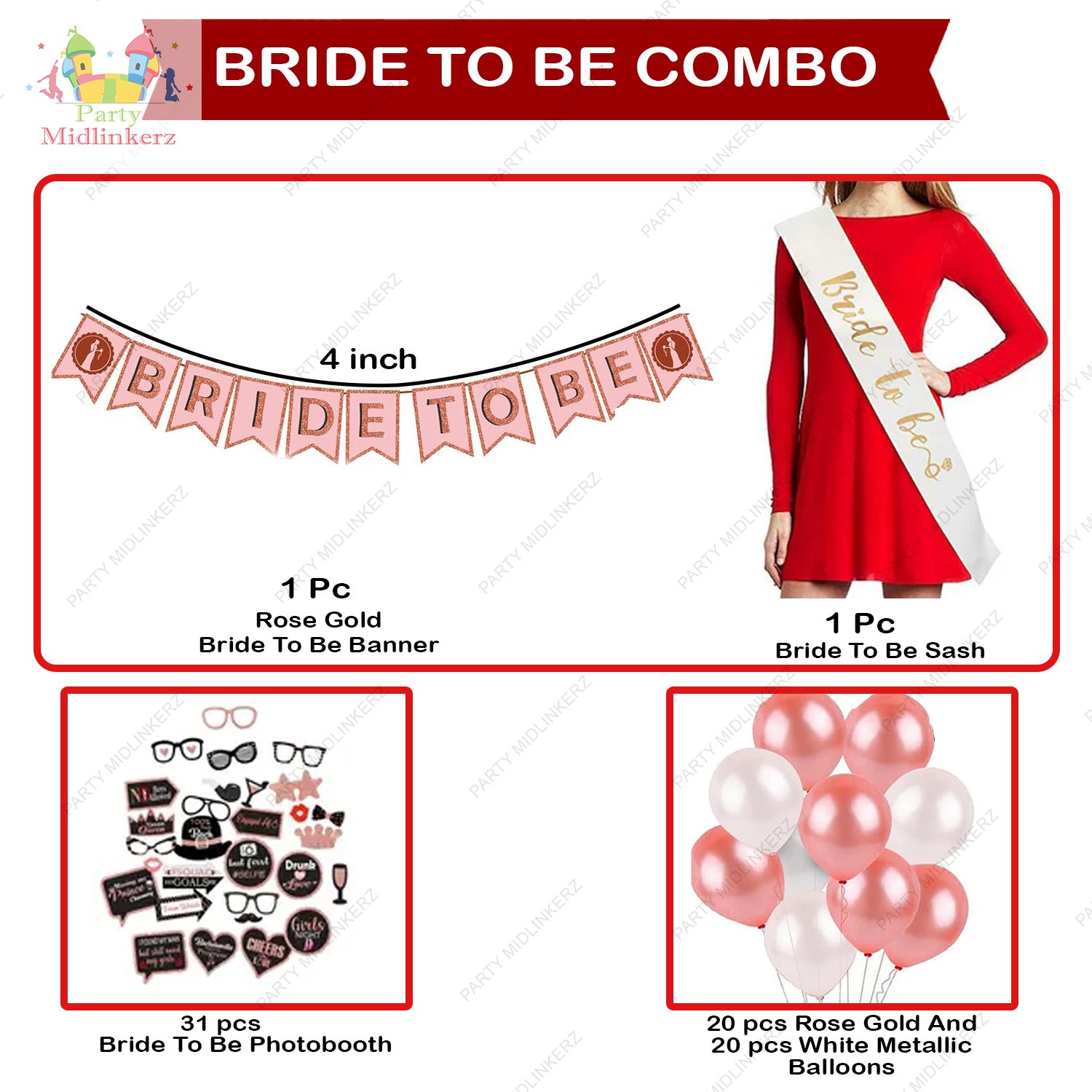 Midlinkerz Bride To Be Decoration Set Combo -73Pcs Rose Gold Bachelorette Party Decorations | Bride To Be Props | Bride To Be Sash | Bride To Be Banner (Cardstock) | Bride To Be Balloon - Image 3