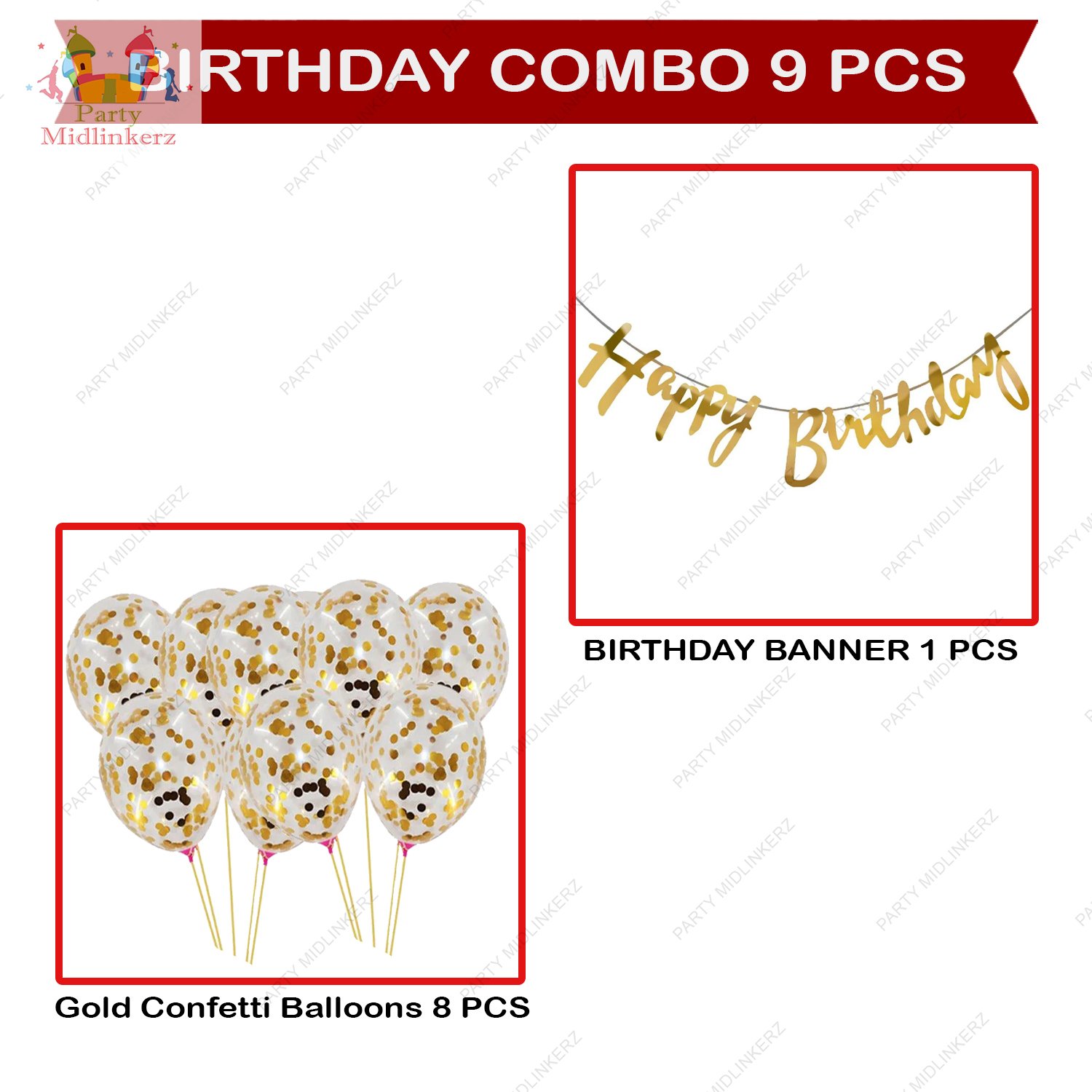 Mildlinkerz Happy Birthday Banner With Golden Confetti Balloons For Decoration - 9 Items Combo Set For Husband Wife Birthday Decorations Items / Golden Balloons For Birthday Theme Parties - Image 2