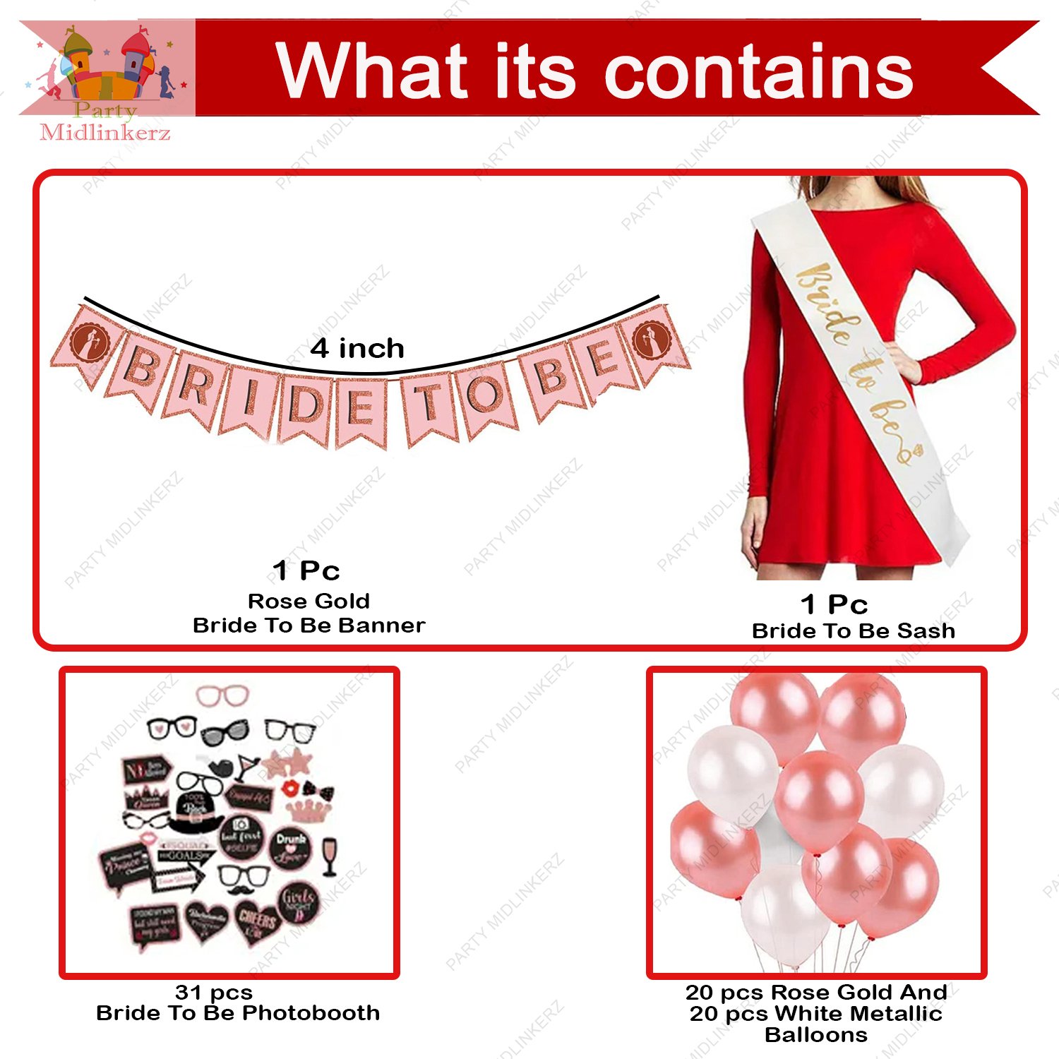 Midlinkerz Bride To Be Decoration Set Combo -73Pcs Rose Gold Bachelorette Party Decorations | Bride To Be Props | Bride To Be Sash | Bride To Be Banner (Cardstock) | Bride To Be Balloon - Image 2