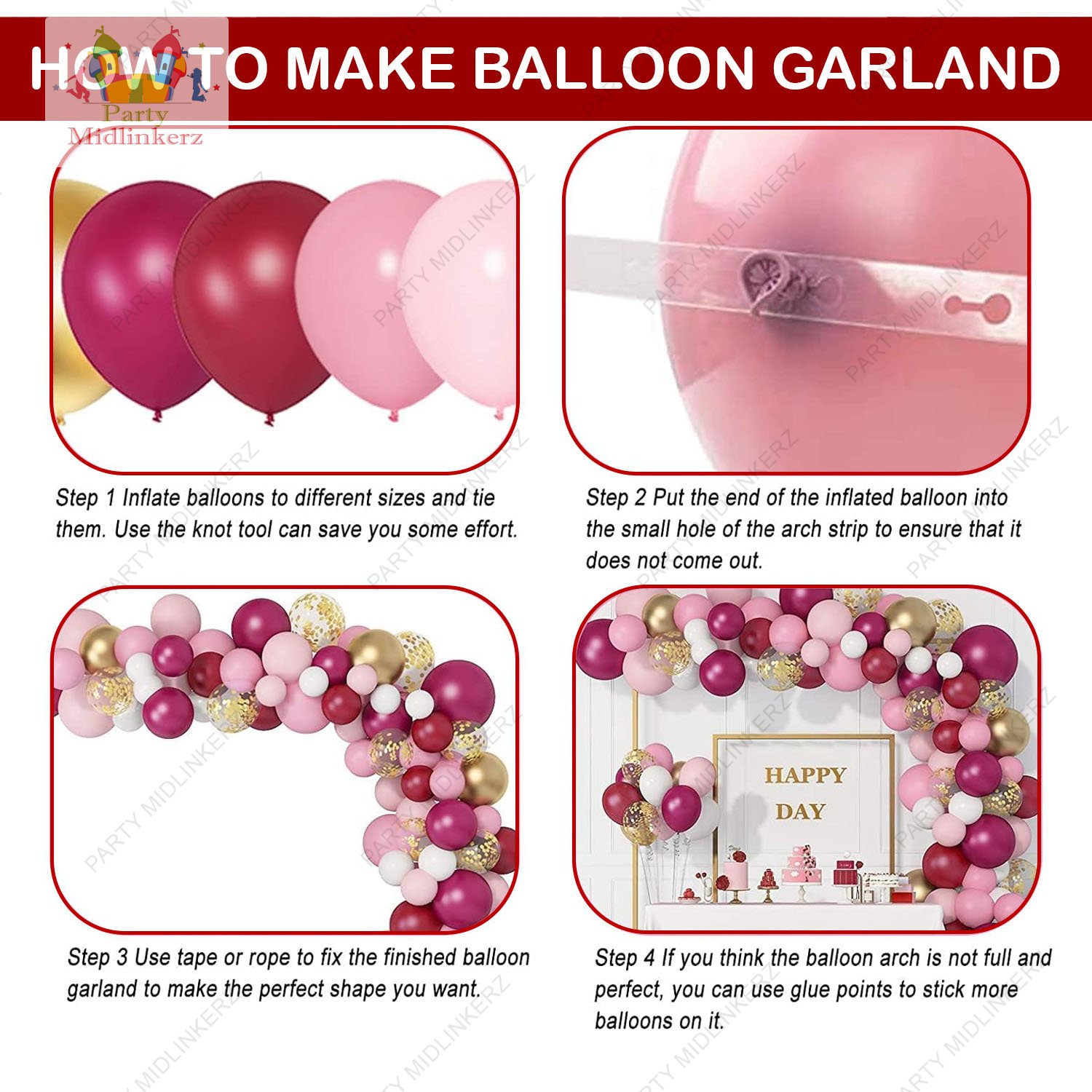 Midlinkerz 48 Pcs Burgundy Pink Balloons Birthday Decoration Kit Combo | Birthday Balloons for Decoration | Birthday Decoration for Girls | Wedding Party Decoration Supplies - Image 4
