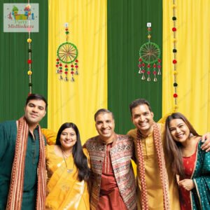 Midlinkerz Green and Yellow Backdrop Decorations with Pom Pom Hangings, Navratri Decoration Items, Diwali Decoration for Home Decor, Haldi and Mehendi Decorations Setup(17Pcs)(Satin)