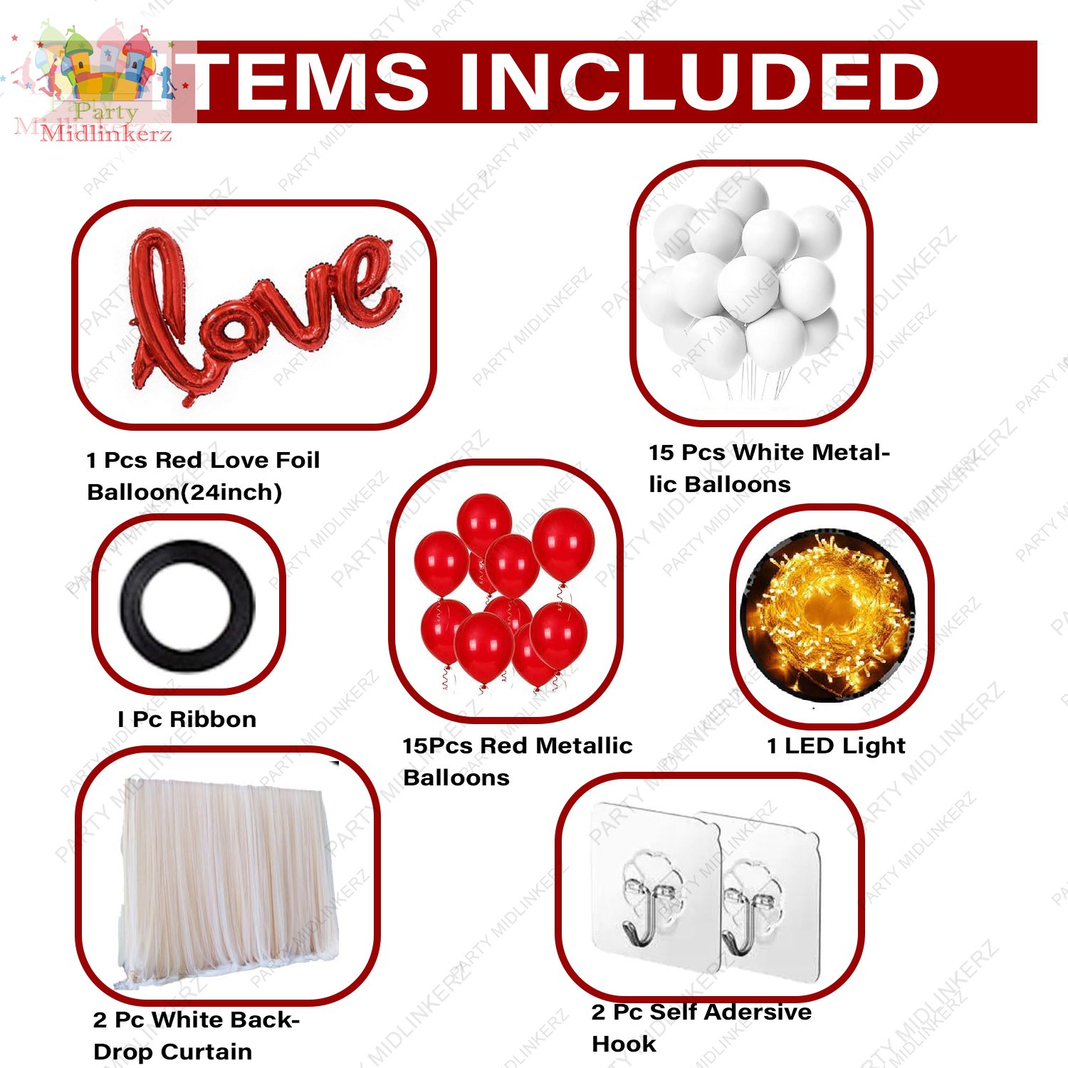 Midlinkerz 37 Pc Valentine Decoration Kit- Balloons, love Foil, White Net Curtain Cloth with led light| Wedding Anniversary Romantic Decoration Items for Girls Boys Couples Husband Wife - Image 2