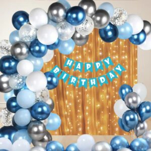 Midlinkerz Happy Birthday Decoration Items for Boys with Metallic Blue, Silver, Pastel Blue and white Balloons with Silver Confetti Balloons & HBD with Monthly paper Birthday Decor kit- 62pcs