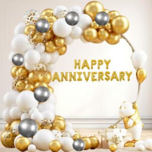Midlinkerz Solid Happy Anniversary Balloons Decoration Kit 59 Pcs, 1 set of Golden 13Pcs "HappyAnniversary" alphabet foil balloons an 50pcs HD Metallic balloons(Gold, Black & Silver) and 5Pcs Confetti Balloon with with 1Pc Glue Dot & 1Pc Arch Strip and1Pc Ribbon for Husband Kids Girl Boys Balloons Decorations Items Combo with Helium Letters Foil Balloon Banner, Latex Metallic Balloons Balloon (Multicolor, Pack of 59)  (Set of 59)