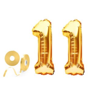 MIDLINKERZ Solid Golden '11' number Numerical Foil Balloon with Ribbon for Celebration (Gold, Pack of 3) (Set of 3)