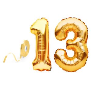 MIDLINKERZ Solid Golden '13' number Numerical Foil Balloon with Ribbon for Celebration (Gold, Pack of 3) (Set of 3)