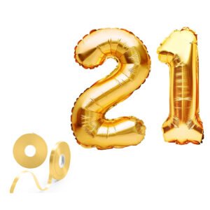 MIDLINKERZ Solid Golden '21' number Numerical Foil Balloon with Ribbon for Celebration (Gold, Pack of 3) (Set of 3)