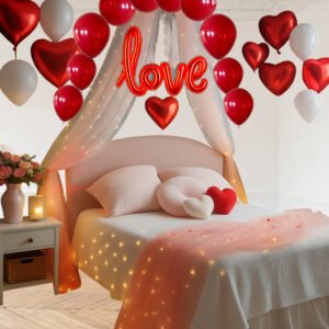 31 Pc Tent Romantic Decoration Set Red and White Balloons Foil Heart LED Light and Back Drop White Curtains| bedroom decoration items| theme Romantic /birthday party decorations banner