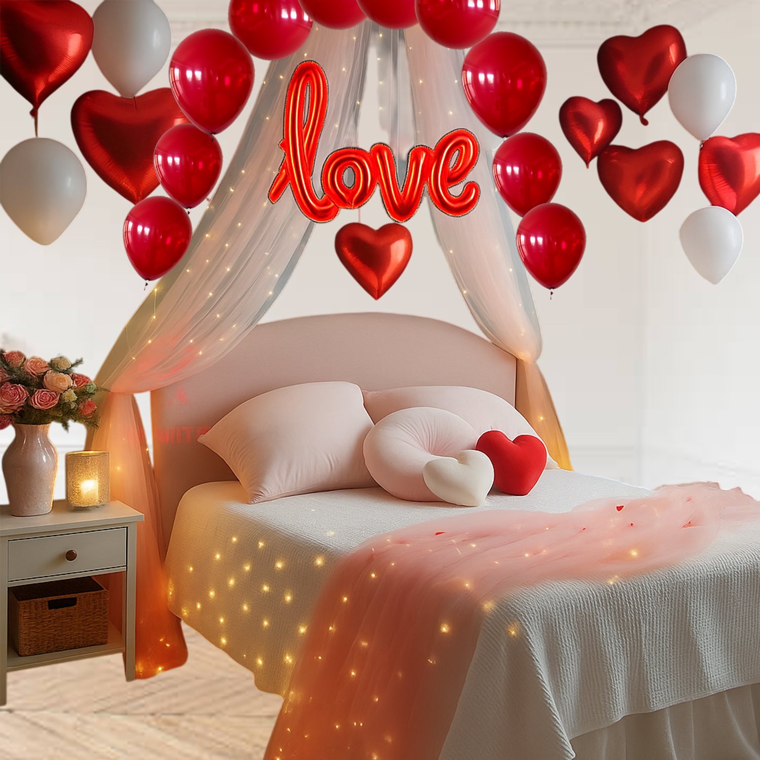 31 Pc Tent Romantic Decoration Set Red and White Balloons Foil Heart LED Light and Back Drop White Curtains| bedroom decoration items| theme Romantic /birthday party decorations banner