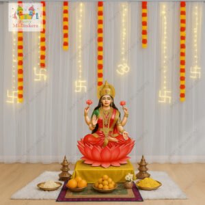 White Net Backdrop for Pooja Decorations with Marigold Garland, Om and Swastik Lights Hanging, Diwali Decoration for Home Decor, Navratri Decoration Items (8Pcs)(Net)