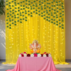Midlinkerz Ganpati Decoration Setup for Home, Ganpati Decorations Backdrop Yellow Curtain(7 * 5ft), Green anesh Decoration Items fVines, Lights(40Ft), Gor Home Decor, Pooja room Decor- 8 Pcs