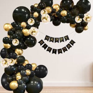 Midlinkerz Rubber Birthday Decoration Kit 39 Pieces - Gold Black Balloons With Birthday Banner, Glue Dot, Arc, Confetti Balloons with Balloon Pump for Boys Kids Baby Birthday Decoration Items