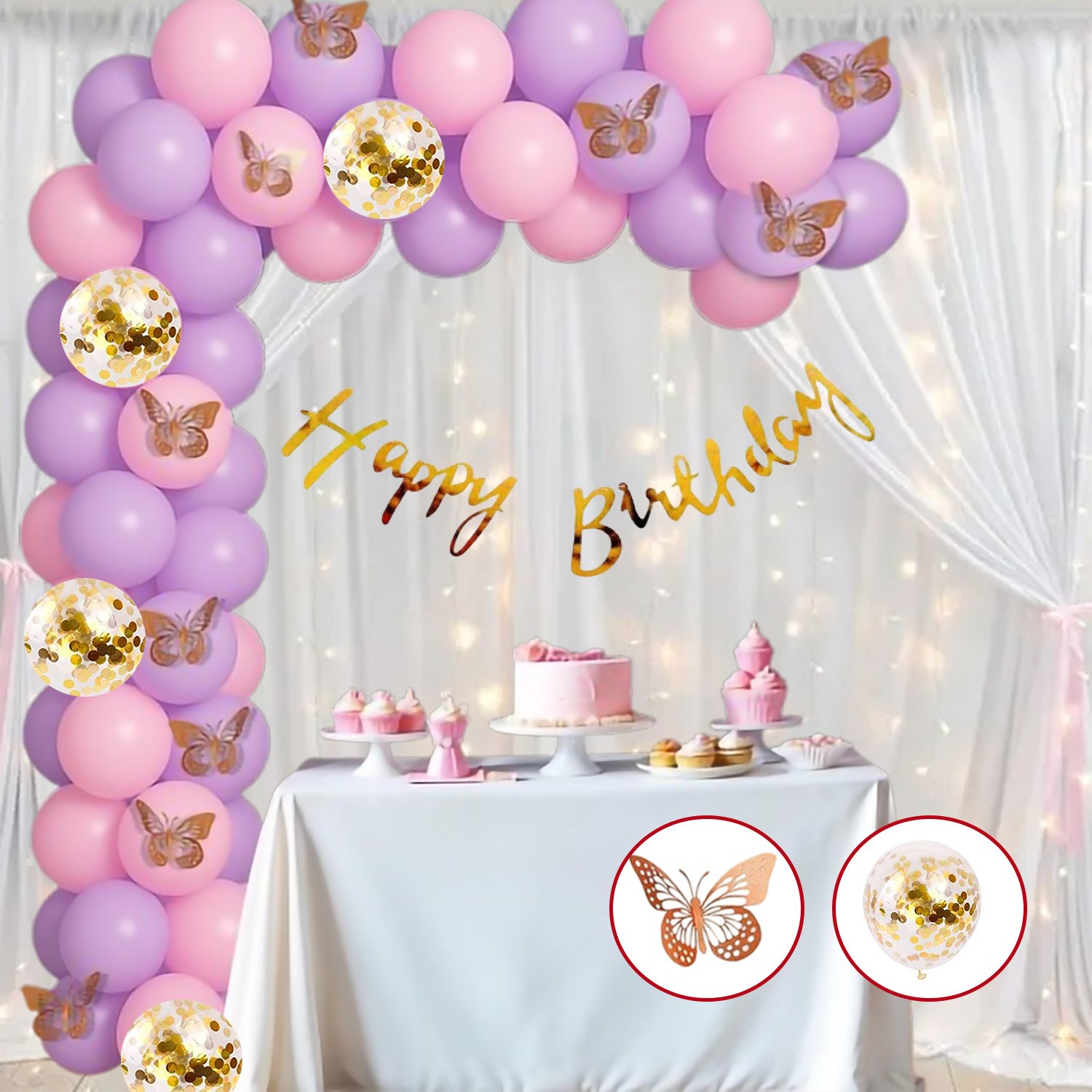 Birthday Decoration Kit For Girls,Butterfly Theme Birthday Backdrop For Decoration,Pink,Purple Balloons & Decorative Lights,Princess Decoration Items For Girls,73 Pieces