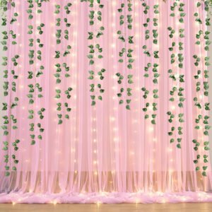 Pink Backdrop Cloth for Decoration with Led Light and Artificial leaf Vines (Set of 9)