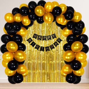 Midlinkerz Happy Birthday Decoration Kit - 36 Pcs Black and Gold Balloons for Birthday Decoration Kit for Husband, golden Foil Curtain, Black and Gold Banner (Cardstock)