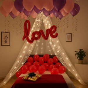 Midlinkerz 63 Pc Tent Romantic Decoration Set – Red Pink Purple Balloons LED Light and Back Drop White Curtains| bedroom decoration items| Romantic decorations banner|Romantic Decoration for Bedroom