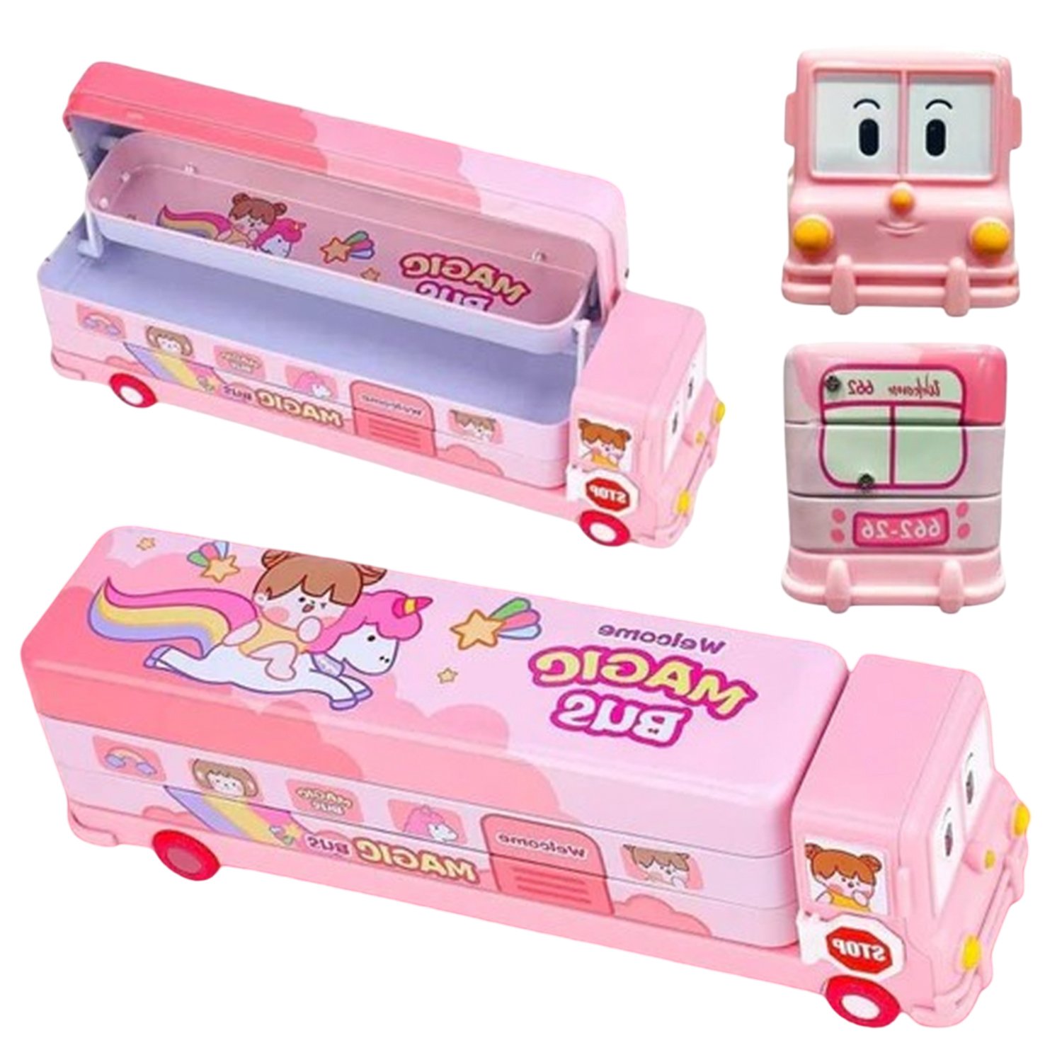 Midlinkerz Bus Shape Pencil Box School Bus Metal Geometry Box for Kids Magic Bus Moving Tyres with Dual Shelf Inbuilt Sharpener Geometry Box for Boys & Girls (Unicorn Bus Pink)