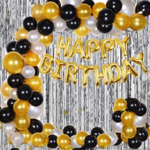 MIDLINKERZ Solid Happy Birthday Balloons Decoration Kit 45 Pcs, 1 set of silver 13Pcs "Happy Birthday" alphabet foil balloons and 30Pcs Golden, Black and Silver MetallicSet with 2Pcs of Silver Foil for Husband Kids Boys Balloons Decorations Items Combo with Helium Letters Foil Balloon Banner, Latex Metallic Balloons Balloon (Multicolor, Pack of 45) (Set of 45)