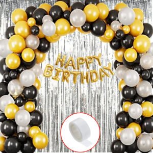 MIDLINKERZ Solid Happy Birthday Balloons Decoration Kit 34 Pcs, 1 set of Golden 13Pcs "Happy Birthday" alphabet foil balloons an 30pcs HD Metallic balloons(10 Gold, 10 Black & 10 Silver) and 2pcs Silver Foil Balloons and 1pc Glue dot with free1 Ribbon for Husband Kids Boys Balloons Decorations Items Combo with Helium Letters Foil Balloon Banner, Latex Metallic Balloons Balloon (Multicolor, Pack of 34) (Set of 34)