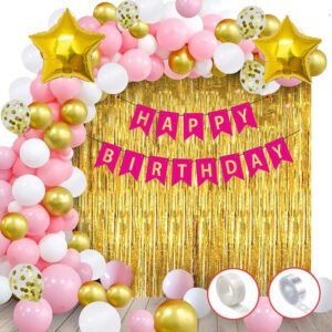 Midlinkerz  Birthday Decoration Kit for Girls - 33Pcs Pink, White Golden Metallic Birthday balloons for Girls Decoration, Golden Foil Curtain, Pink Happy Birthday Banner/Birthday Decoration Combo Set Balloon  (Pink, White, Gold, Pack of 33)