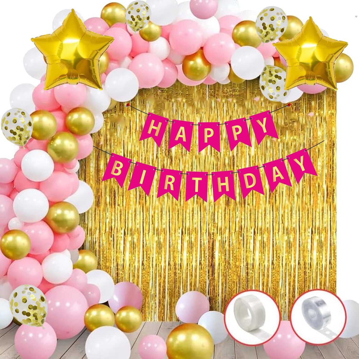 Midlinkerz Birthday Decoration Kit for Girls - 33Pcs Pink, White Golden Metallic Birthday balloons for Girls Decoration, Golden Foil Curtain, Pink Happy Birthday Banner/Birthday Decoration Combo Set Balloon (Pink, White, Gold, Pack of 33)