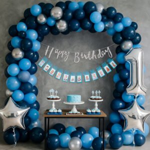 Midlinkerz 1st Birthday Decoration for Boy with Navy Blue, Silver Chrome & Pastel Blue Balloons for Decoration, Star Foil Balloon, First Birthday Decoration for Baby Boy- 57 Pcs