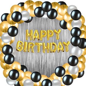 Midlinkerz Happy Birthday Balloons Decoration Kit 33 Pcs, 1 set of Golden 13Pcs "Happy Birthday" alphabet foil balloons and 30Pcs Golden, Black and Silver MetallicSet with 2Pcs of Silver Foil for Husband Kids Boys Balloons Decorations Items Combo with Helium Letters Foil Balloon Banner, Latex Metallic Balloons Balloon (Multicolor, Pack of 33) (Set of 33)