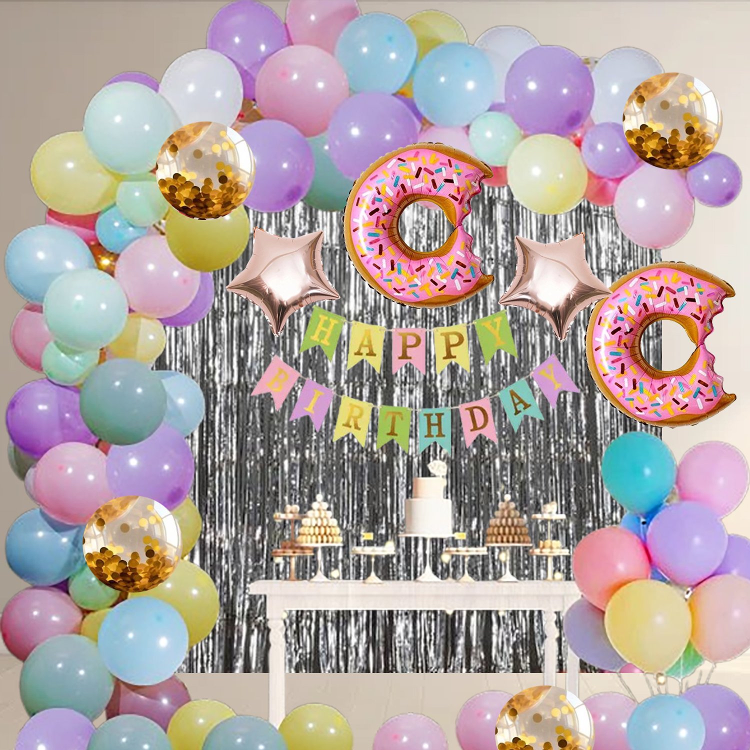 PARTY MIDLINKERZ Birthday Decoration for Girls, Happy Birthday Foil Balloon Kit Combo With Donuts (Set of 64)