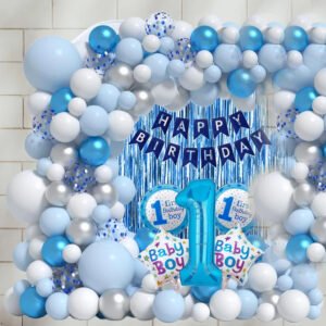 Midlinkerz 1st Birthday Boy Celebration Decoration Items Kit - For Kids (Set of 58)