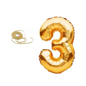 Midlinkerz Solid Golden '3' number Numerical Foil Balloon with Ribbon for Celebration (Gold, Pack of 2) (Set of 2)