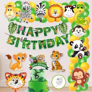 Midlinkerz Jungle Safari Birthday Decoration Kids,Animal Birthday Party Decoration Paper Bunting Banner with Balloons, Cake Topper,Foil Balloons, Cardstock Cutout,Glue & Arch Kit (Pack of 68)