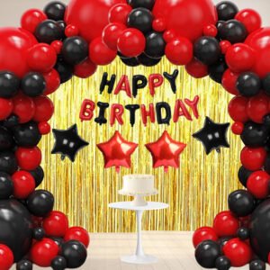 MIDLINKERZ Happy Birthday Decoration Kit – 41 Pcs (Red & Black Banner, Metallic Balloons, Heart Balloons, Golden Backdrop & Ribbon)