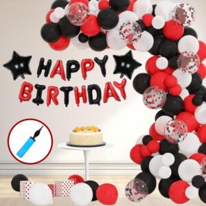 MIDLINKERZ Happy Birthday Balloon13  Set – includes foil alphabet banner, metallic & confetti balloons, heart balloons, balloon pump, and ribbon. A complete 43-piece party pack in bold red & black theme