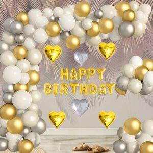 Midlinkerz Happy Birthday Decoration Kit Combo 57Pcs for Silver and Golden HBD Letter Foil Balloons Heart Foil Kids Adults 40th 50th 60th Theme Dcor/Happy Birthday Decoration Items Set