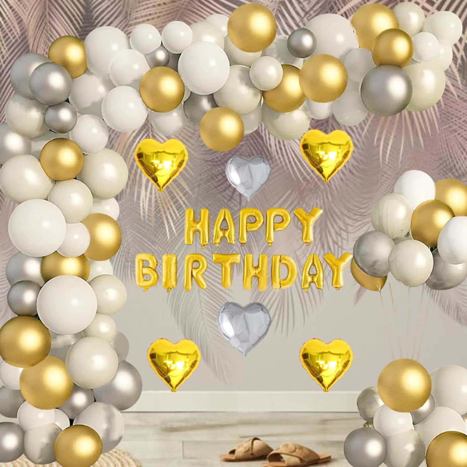Midlinkerz Happy Birthday Decoration Kit Combo 57Pcs for Silver and Golden HBD Letter Foil Balloons Heart Foil Kids Adults 40th 50th 60th Theme Dcor/Happy Birthday Decoration Items Set