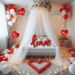 Midlinkerz Hemito 27 Pc Tent Romantic Decoration Set Red and White Balloons Foil Heart LED Light and Back Drop White Curtains| Bedroom Decoration Items|Valentine Day Decoration Items