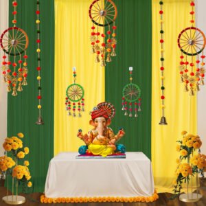 Midlinkerz Party Propz Green and Yellow Backdrop Decorations with Pom Pom Hangings - 12Pcs Diwali Decoration for Home Decor, Navratri Decoration Items, Mehendi Decorations Setup(12Pcs)(Satin)