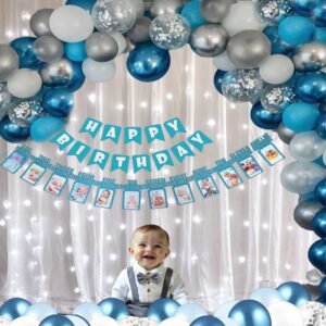 Midlinkerz Blue Birthday, Photo Banner, LED, Arc Ribbon, Net, 30 balloon & 2 Confetti (Set of 38)