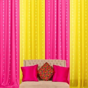 Midlinkerz Yellow and Pink Backdrop Decoration with Curtain Light, Navratri Decoration Items, Diwali Decoration for Home Decor, Pooja Background Decorations Items, Haldi Decor (Satin)(6Pc)