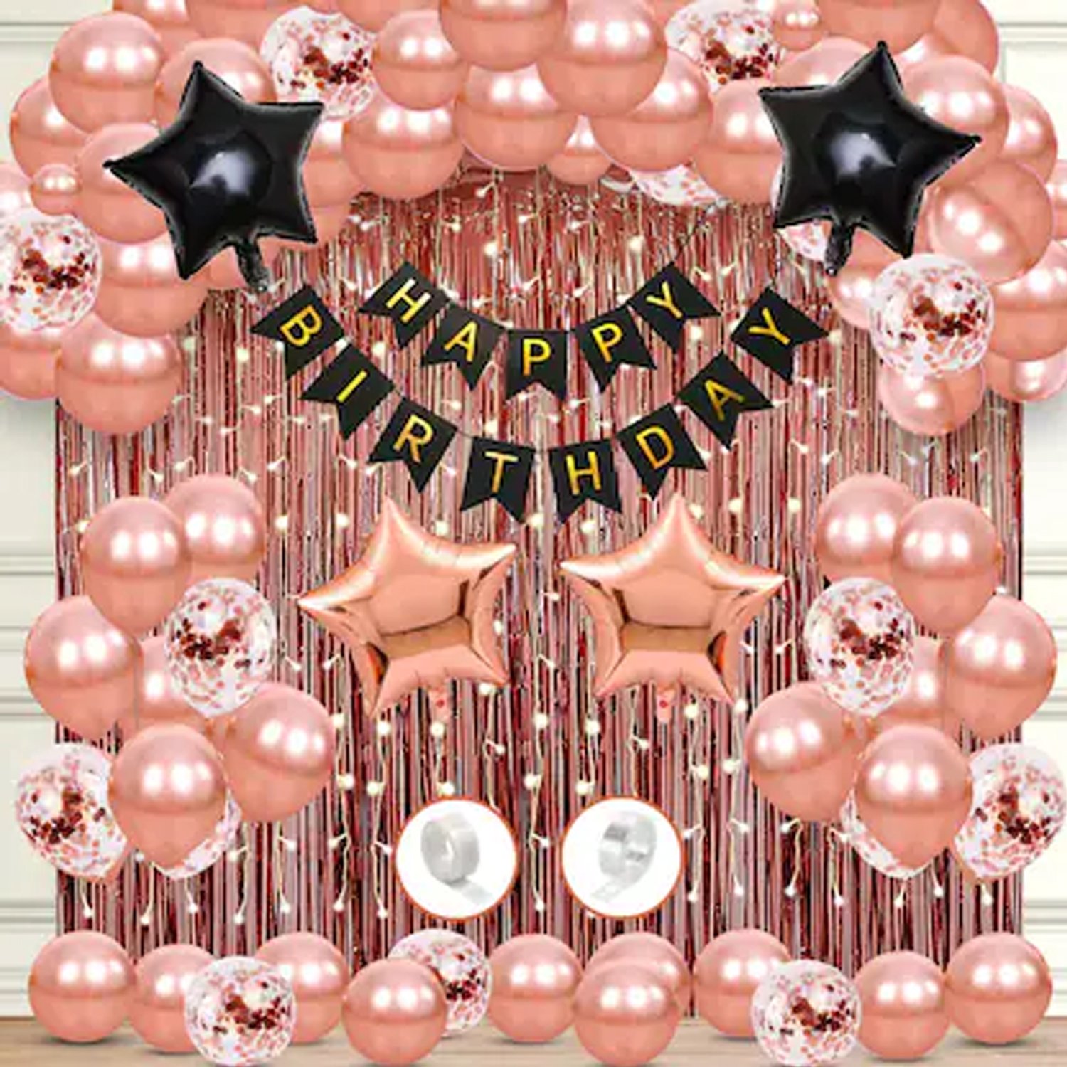 Midlinkerz Gold Birthday Decoratio Rosen Kit - Set of 69 Pcs With Confetti Rubber Balloons, Black Banner (Cardstock) - Decoration for Wife