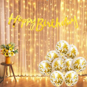 Midlinkerz Happy Birthday Decoration Items - Happy Birthday Banner (Cardstock)| Gold Confetti Balloons With Led Light| Decoration Items For Husband| Golden Theme Birthday Decoration Kit, 10 Pieces